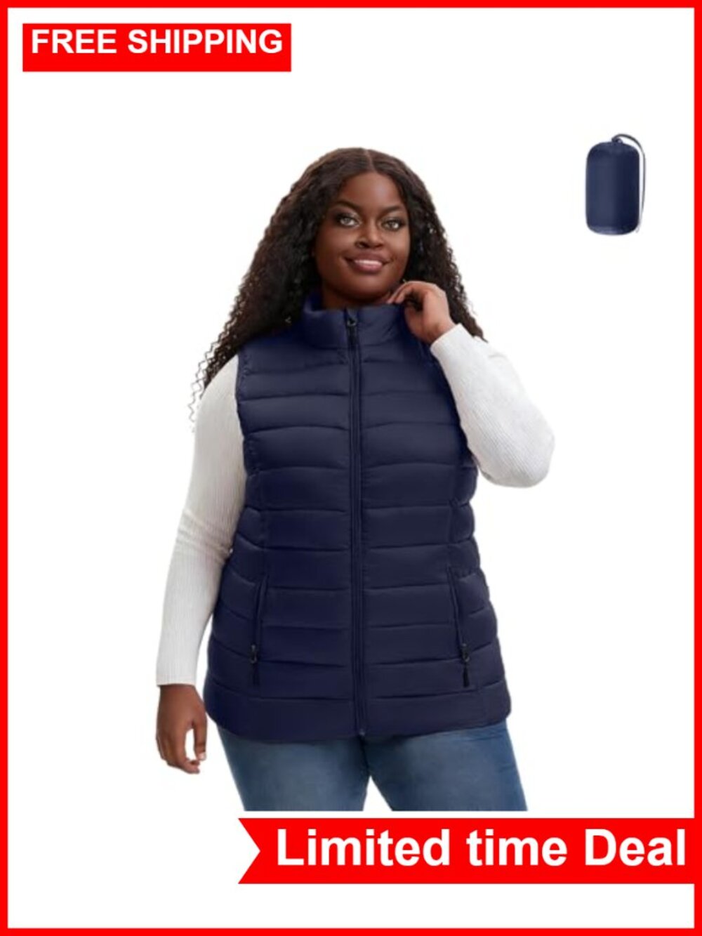 Plus Size Packable Puffer Vest Stand Collar Zipper Pockets